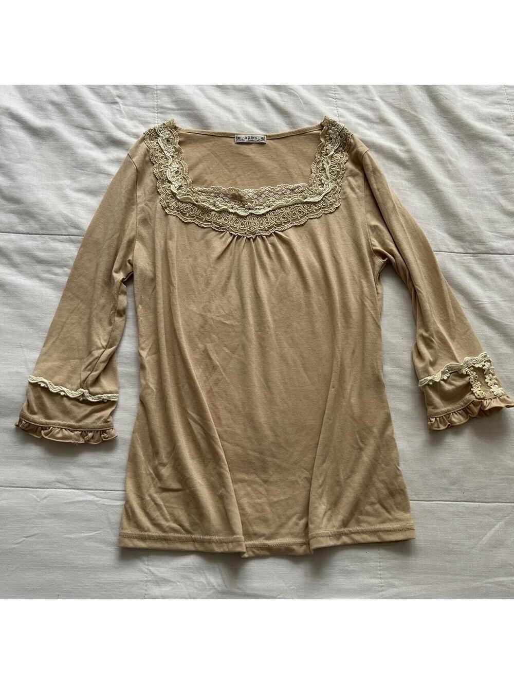 Axes Femme Golden Yellow 3/4 Sleeve Top Lace Square Neck Ruffle Medium Japan